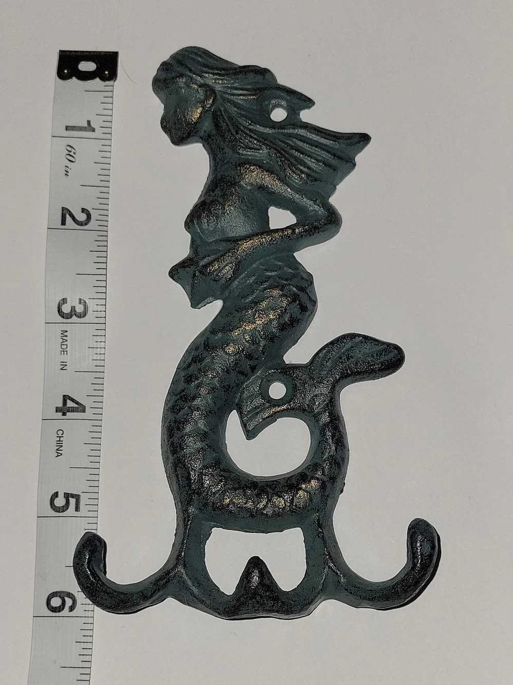 Vintage Cast Iron Mermaid Wall Hook in Teal-Green